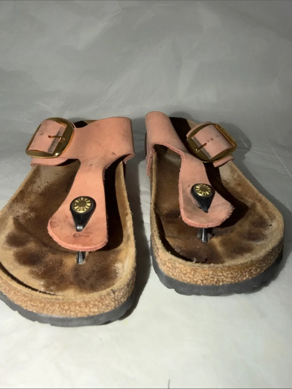 Women's Pink Toe-Post Cork Footbed Sandals with Gold Buckles size 38